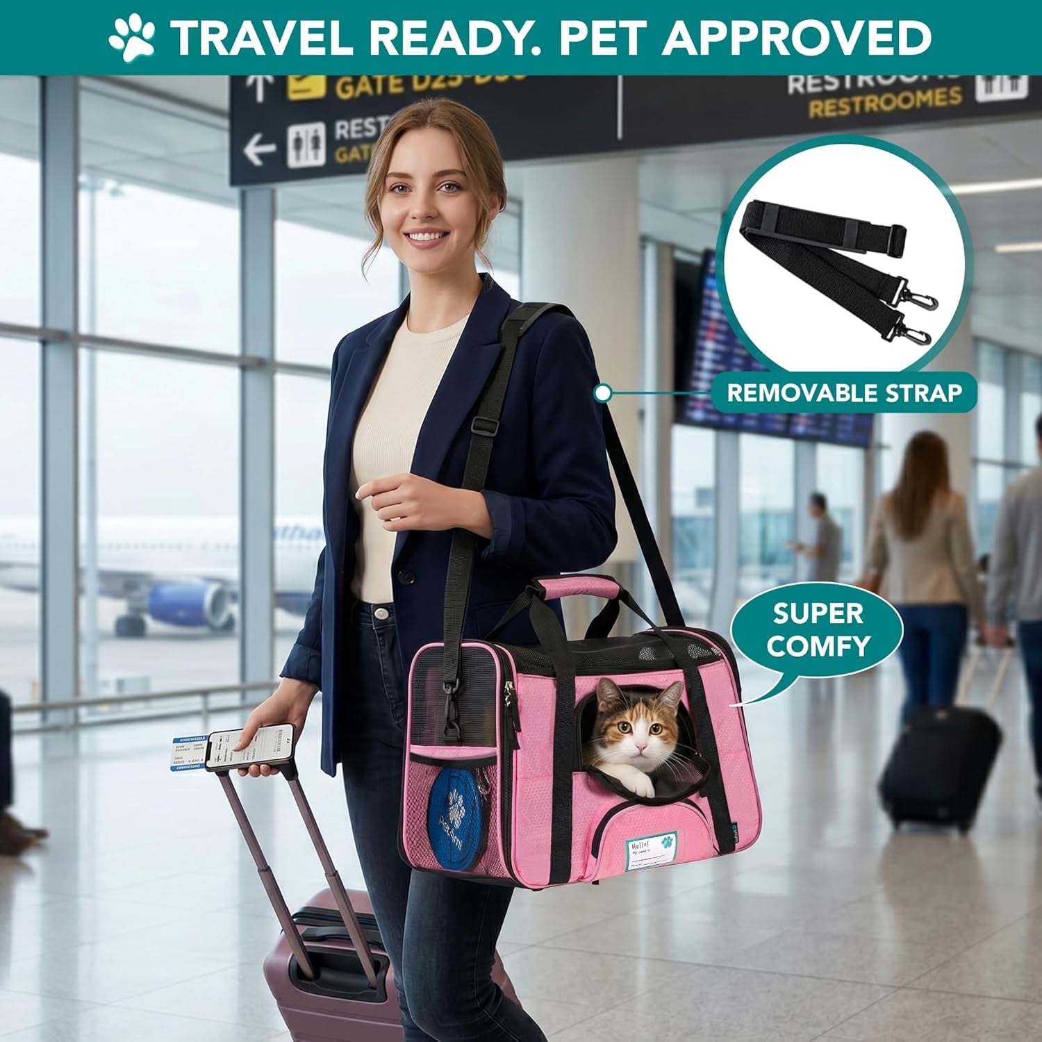Premium Airline Approved Soft-Sided Pet Travel Carrier | Ventilated, Comfortable Design with Safety Features | Ideal for Small to Medium Sized Cats, Dogs, and Pets (Large, Pink)