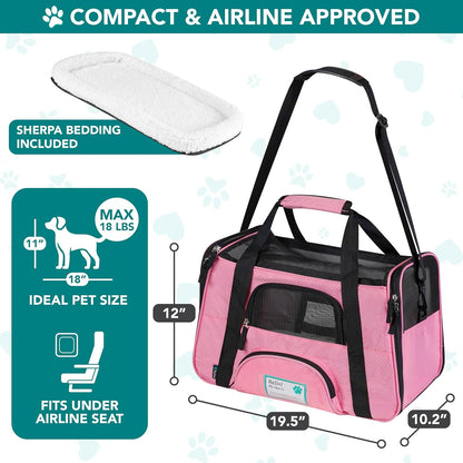 Premium Airline Approved Soft-Sided Pet Travel Carrier | Ventilated, Comfortable Design with Safety Features | Ideal for Small to Medium Sized Cats, Dogs, and Pets (Large, Pink)