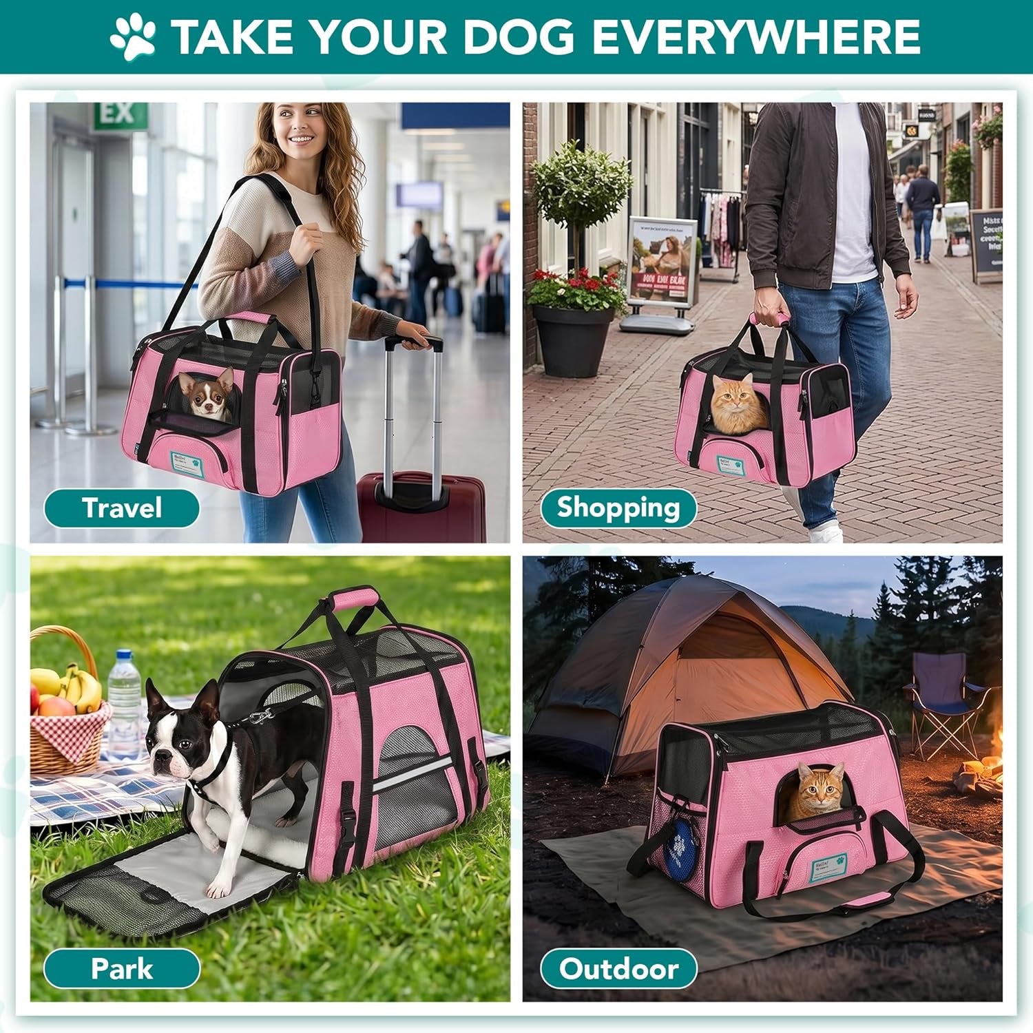 Premium Airline Approved Soft-Sided Pet Travel Carrier | Ventilated, Comfortable Design with Safety Features | Ideal for Small to Medium Sized Cats, Dogs, and Pets (Large, Pink)